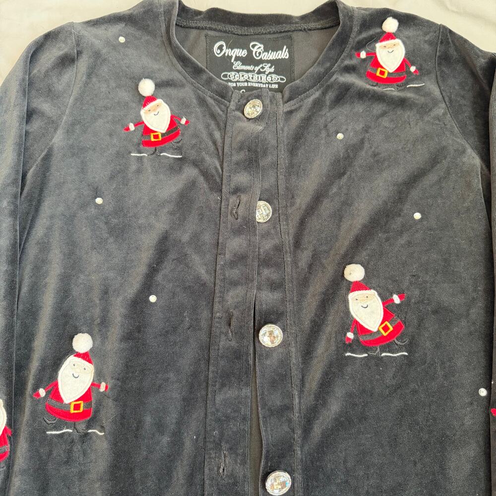 Onque Casuals Black, Christmas, embroidered Santas, Velour Cardigan- L - Picture 4 of 8